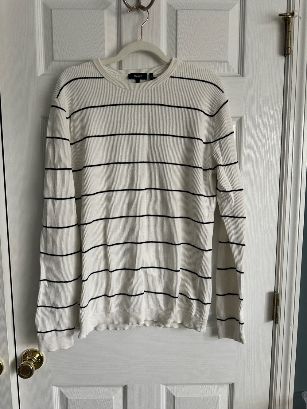 Theory Women's Cream Crewneck Sweater with Black Stripes